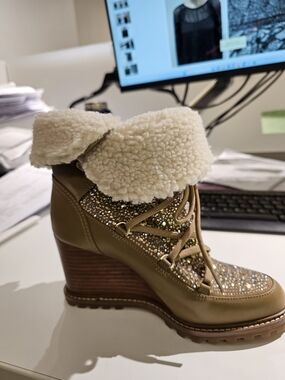 MK Wedge Ankle Boot with Shearling Collar in Olive